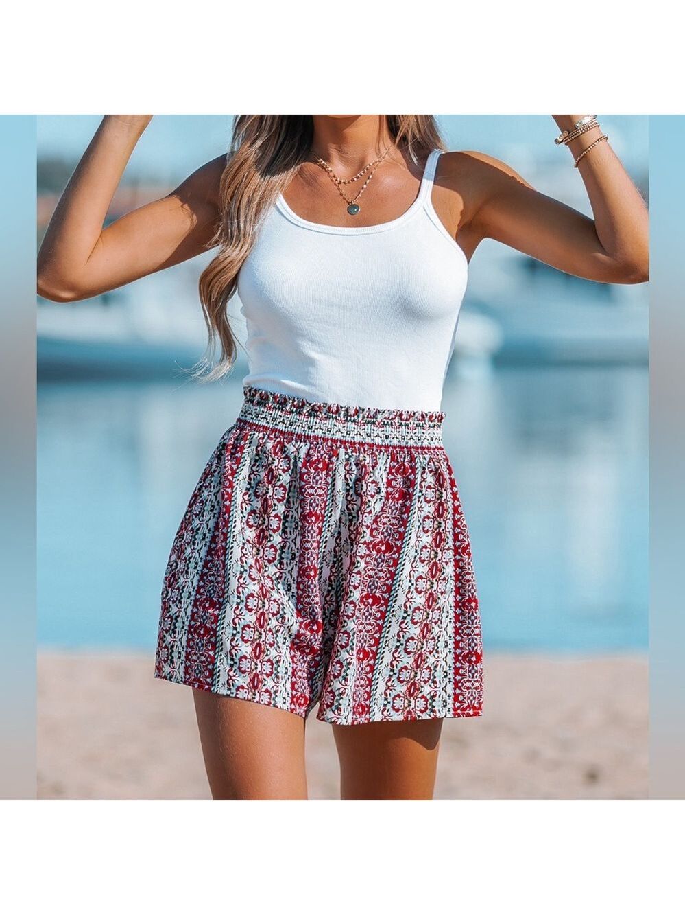 Cupshe Red and White Patterned Elastic Waist Women’s Shorts
